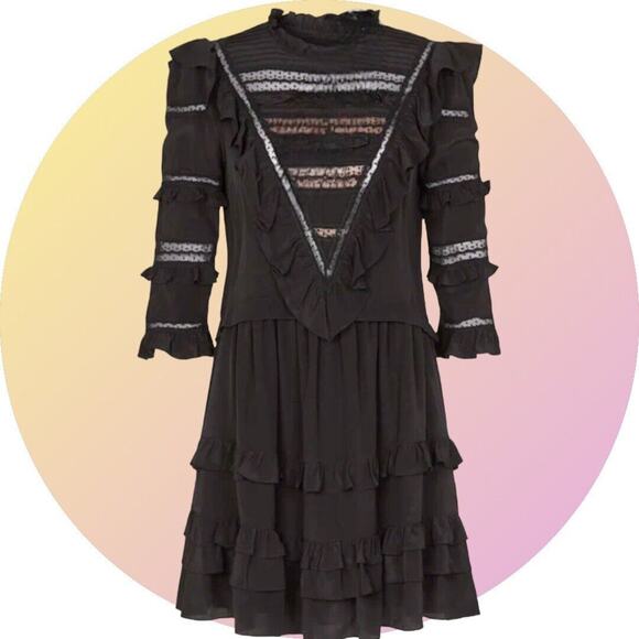 Rebecca Taylor SILK Black Goth Prairie Ruffle Wednesday Dress MSRP $495 Size 4 S - Picture 5 of 13